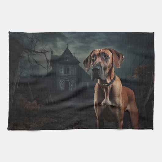Rhodesian Ridgeback Halloween Scary Theedoek (Horizontaal)