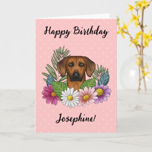 Rhodesian Ridgeback Hond en Bloemen Gelukkige Verj Kaart (Gele Bloem)