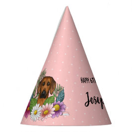 Rhodesian Ridgeback hond en bloemen verjaardagsfee Feesthoedjes