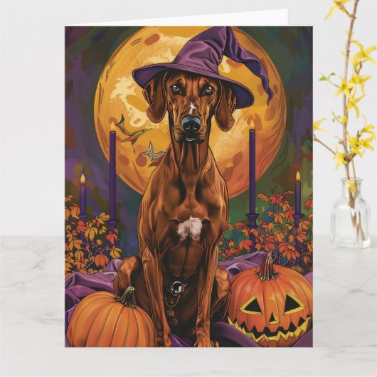 Rhodesian Ridgeback-hond Halloween Heks Pompoen Kaart (Gele Bloem)