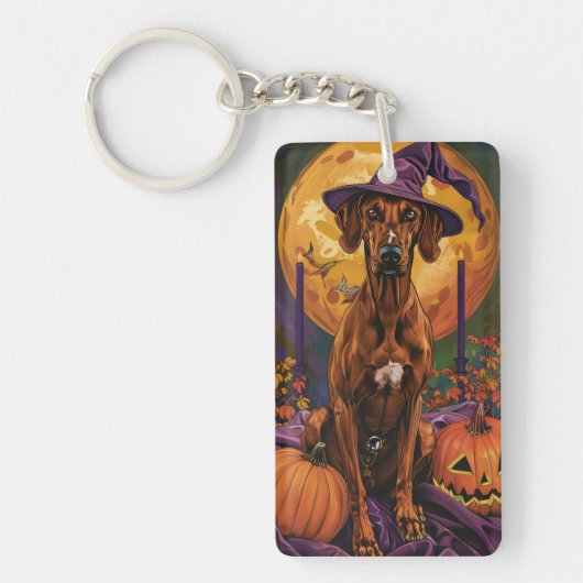 Rhodesian Ridgeback Hond Halloween Heks Pompoen Sleutelhanger (Voorkant)