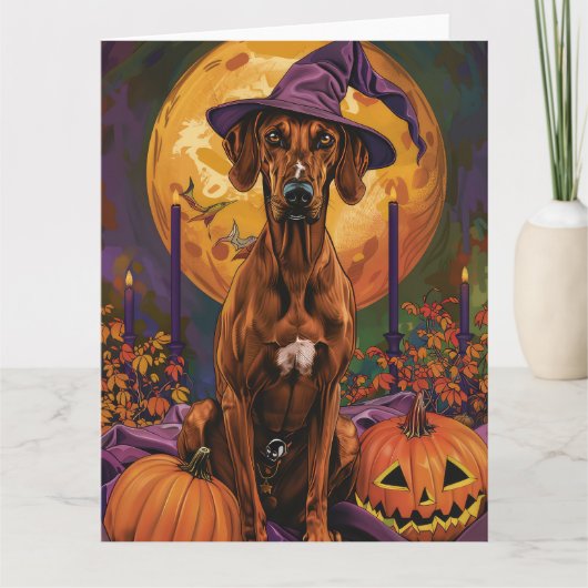 Rhodesian Ridgeback Hond Halloween Heksenpompoen Kaart (Voorkant)