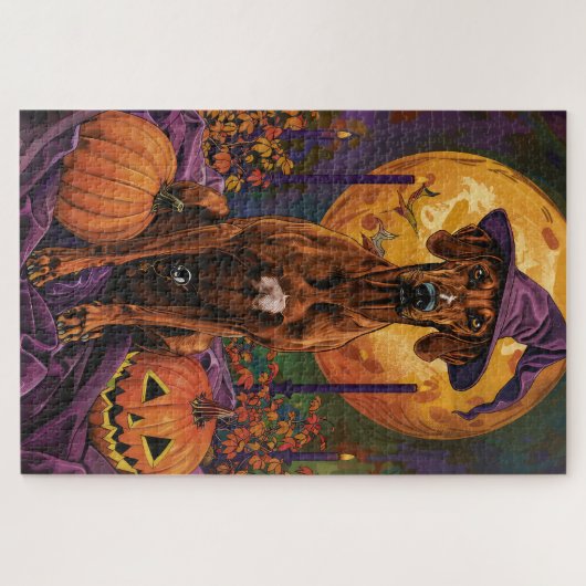 Rhodesian Ridgeback Hond Halloween Heksenpompoen Legpuzzel (Horizontaal)