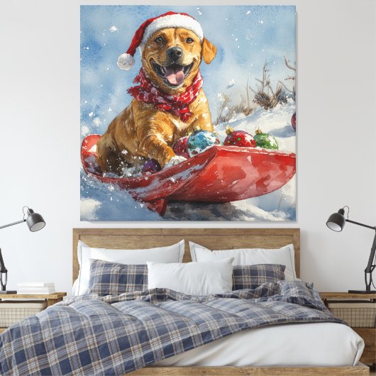 Rhodesian Ridgeback Hond in Sledge Kerstmis Canvas Afdruk (Insitu (Slaapkamer))