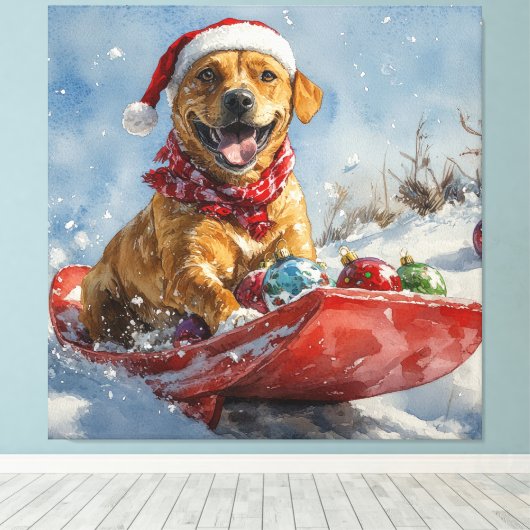 Rhodesian Ridgeback Hond in Sledge Kerstmis Canvas Afdruk (Insitu (Houten vloer))