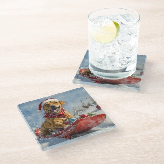 Rhodesian Ridgeback Hond in Sledge Kerstmis Glazen Onderzetter (Schuin)