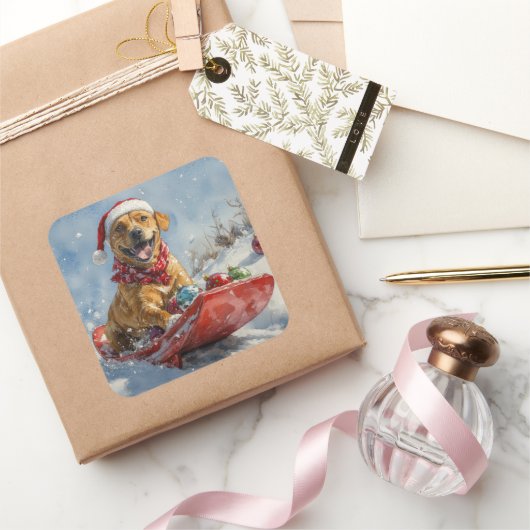 Rhodesian Ridgeback Hond in Sledge Kerstmis Vierkante Sticker (Geschenken)