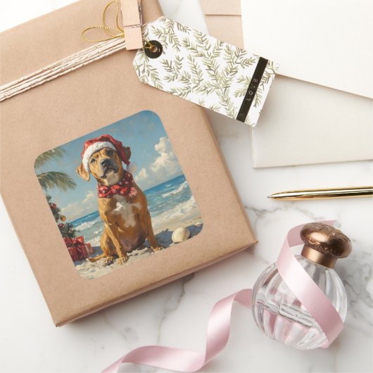 Rhodesian Ridgeback Hond Kerstmis Vintage Strand Vierkante Sticker (Geschenken)