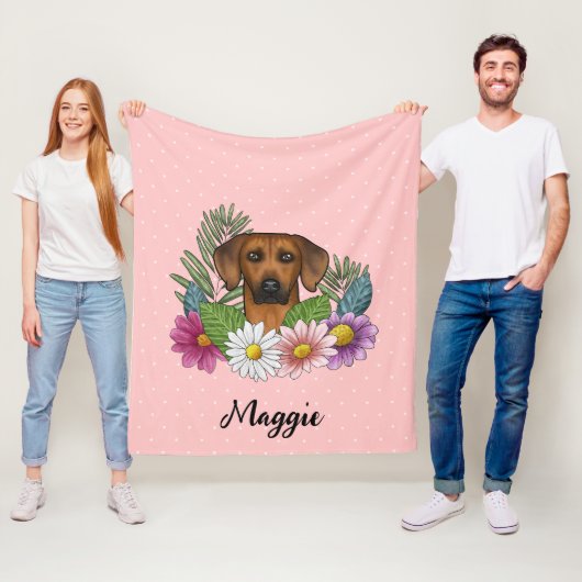 Rhodesian Ridgeback Hond Kleurrijke Wilde Bloemen Fleece Deken (In situ)