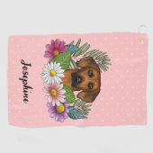 Rhodesian Ridgeback hond met bloemen en naam roze Golfhanddoek (Horizontaal)