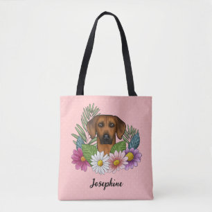 Rhodesian Ridgeback-hond met bloemen en naam Roze Tote Bag