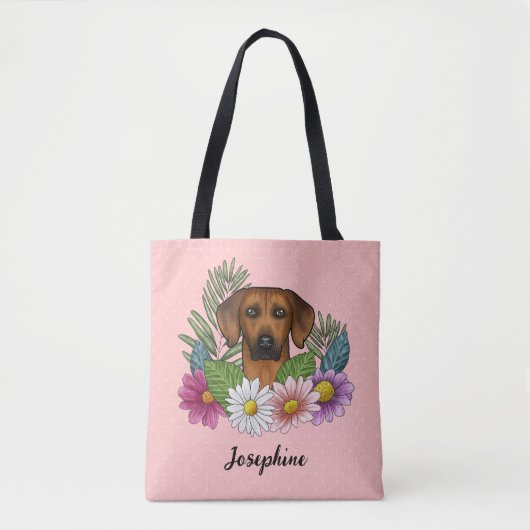 Rhodesian Ridgeback hond met bloemen en naam roze Tote Bag (Voorkant)
