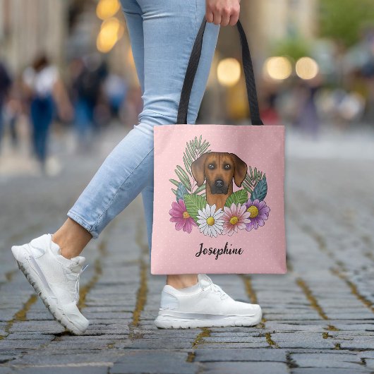 Rhodesian Ridgeback hond met bloemen en naam roze Tote Bag