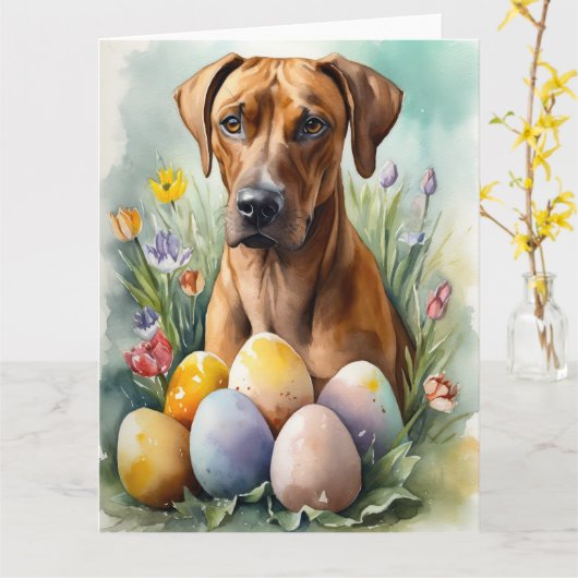 Rhodesian Ridgeback Hond met Paaseieren Vakantie Kaart (Gele Bloem)
