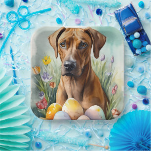 Rhodesian Ridgeback-hond met Pasen Eieren Vakantie Papieren Bordje