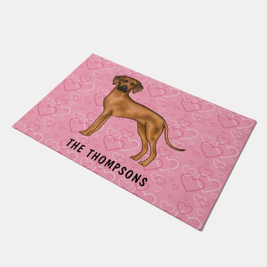 Rhodesian Ridgeback hond op roze harten met naam Deurmat (Schuin)