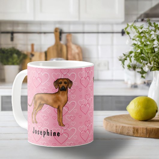 Rhodesian Ridgeback hond op roze harten met naam Koffiemok