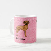 Rhodesian Ridgeback hond op roze harten met naam Koffiemok (Voorkant links)
