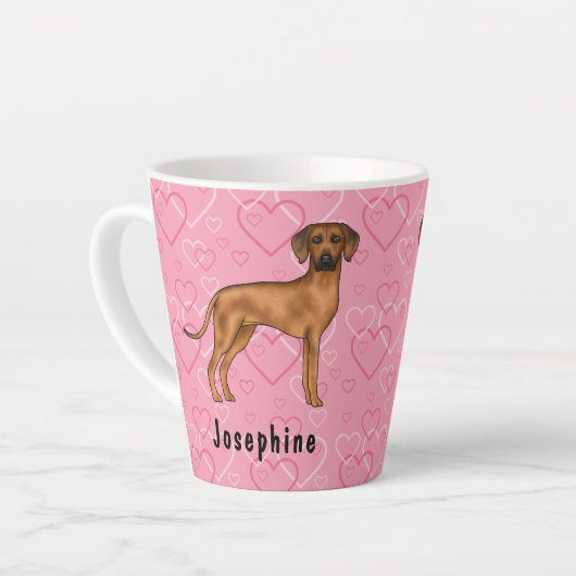 Rhodesian Ridgeback hond op roze harten met naam Latte Mok (Linkerhoek)