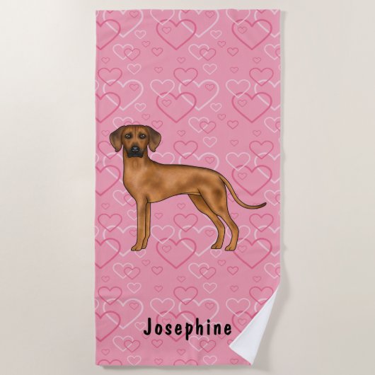Rhodesian Ridgeback-hond op roze harten met naam Strandlaken (Voorkant)