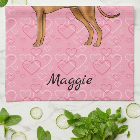 Rhodesian Ridgeback hond op roze harten met naam Theedoek (Gevouwen)