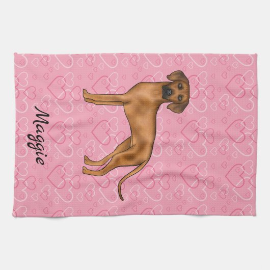 Rhodesian Ridgeback hond op roze harten met naam Theedoek (Horizontaal)