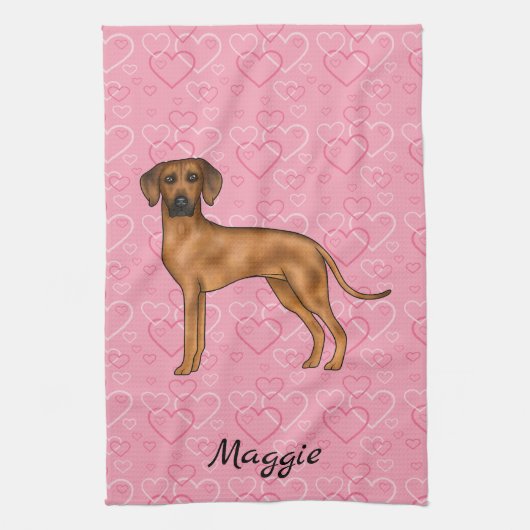 Rhodesian Ridgeback hond op roze harten met naam Theedoek (Verticaal)