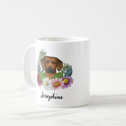 Rhodesian Ridgeback hondenkop bloemen en naam Koffiemok (Voorkant links)