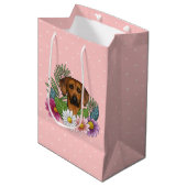 Rhodesian Ridgeback Hondenkop Wildbloemen op roze Medium Cadeauzakje (Voorkant Gekanteld)