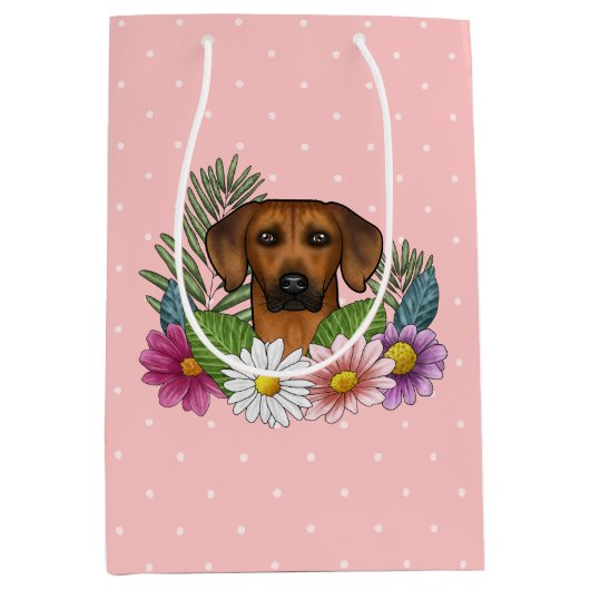 Rhodesian Ridgeback Hondenkop Wildbloemen op roze Medium Cadeauzakje (Voorkant)