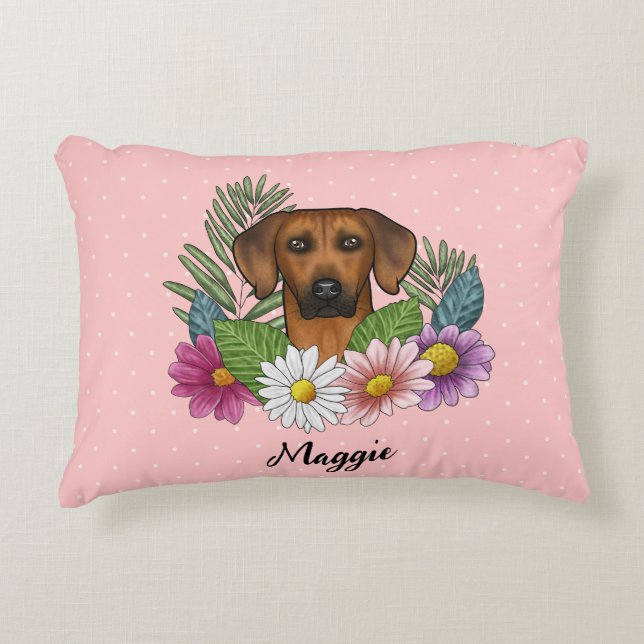 Rhodesian Ridgeback Hondenkop Zomer Bloemen Roze Accent Kussen (Voorkant)