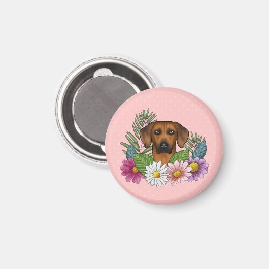 Rhodesian Ridgeback Hondenkop Zomer Bloemen Roze Magneet (Voorkant / Achterkant)