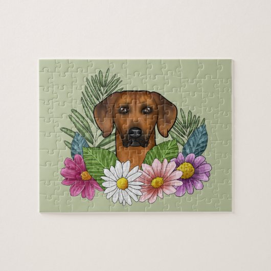 Rhodesian Ridgeback Hondenkop Zomerbloemen Groen Legpuzzel (Horizontaal)