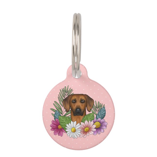 Rhodesian Ridgeback Hoofd Kleurrijke Bloemen Op Ro Huisdierpenning (Voorkant)
