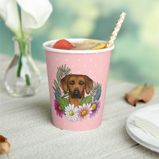 Rhodesian Ridgeback Hoofd Kleurrijke Bloemen Op Ro Papieren Bekers (Insitu)