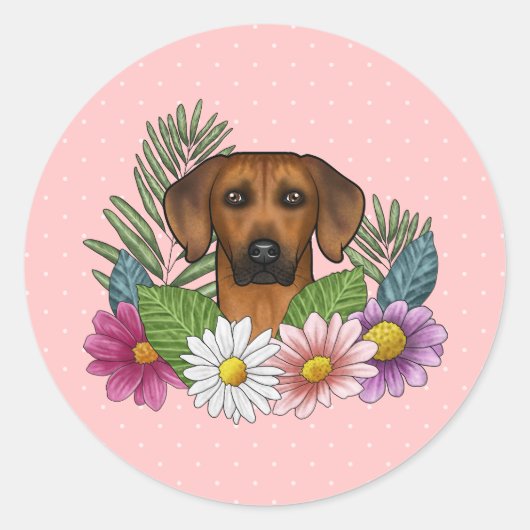 Rhodesian Ridgeback Hoofd Kleurrijke Bloemen Op Ro Ronde Sticker (Voorkant)