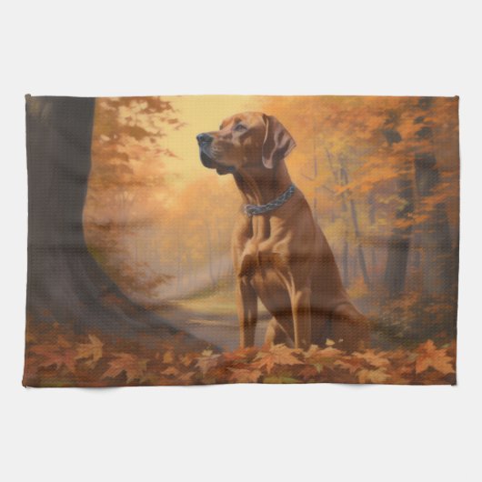 Rhodesian Ridgeback in herfstbladeren vallen inspi Theedoek (Horizontaal)