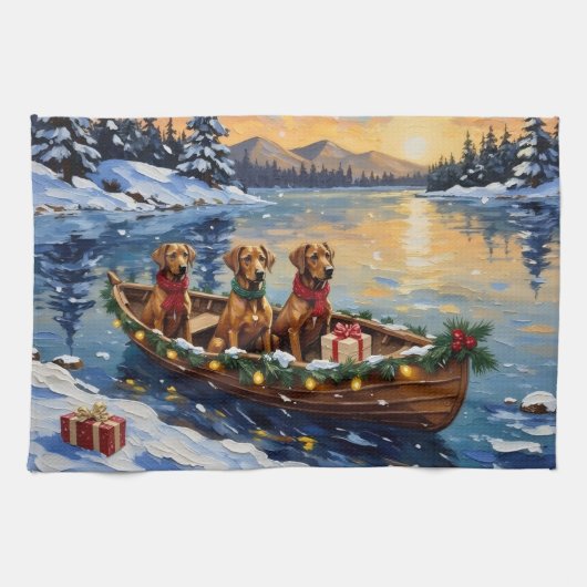 Rhodesian Ridgeback Kerstboot Vakantie Theedoek (Horizontaal)