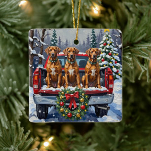 Rhodesian Ridgeback Kerstmis Rode Truck Winter Keramisch Ornament