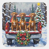 Rhodesian Ridgeback Kerstmis Rode Truck Winter Vierkante Sticker (Voorkant)