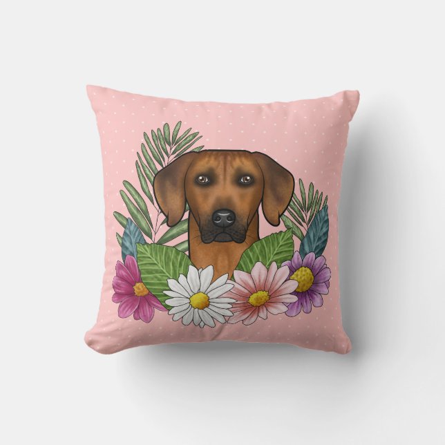 Rhodesian Ridgeback Kop En Wilde Zomerbloemen Kussen (Voorkant)