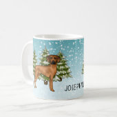 Rhodesian Ridgeback met naam Besneeuwd Winter Woud Koffiemok (Voorkant links)