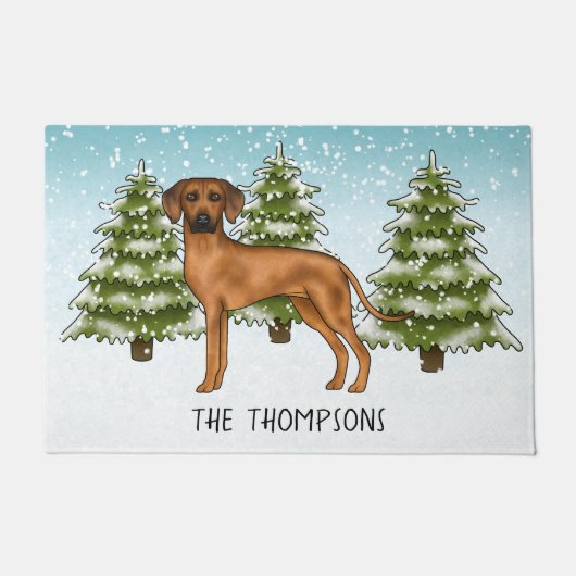 Rhodesian Ridgeback met naam Snowy Winter Forest Deurmat (Voorkant)