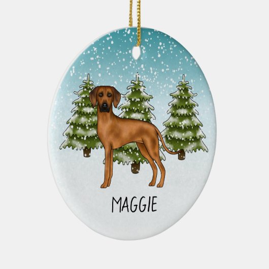 Rhodesian Ridgeback met naam Snowy Winter Forest Keramisch Ornament (Rechts)