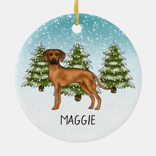 Rhodesian Ridgeback met naam Snowy Winter Forest Keramisch Ornament (Achterkant)