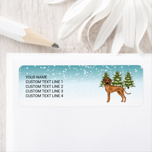 Rhodesian Ridgeback met tekst besneeuwd winterwoud Etiket (Insitu)