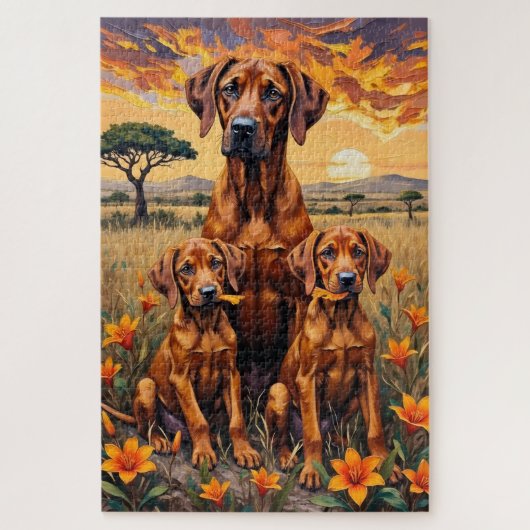 Rhodesian Ridgeback Savanne Zonsondergang Kunst Legpuzzel (Verticaal)