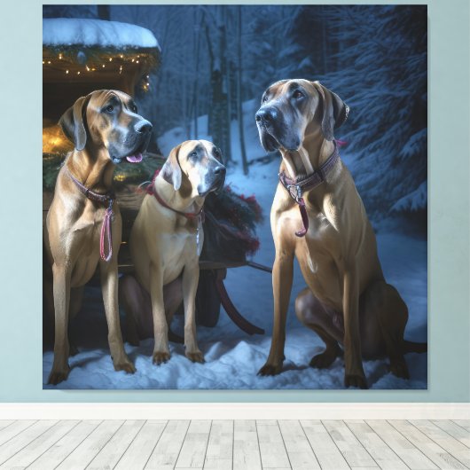 Rhodesian Ridgeback Snowy Sleigh Kerstdecoratie Canvas Afdruk (Insitu (Houten vloer))