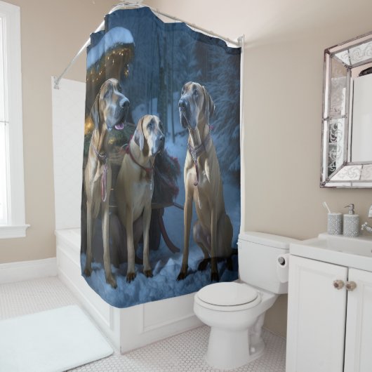 Rhodesian Ridgeback Snowy Sleigh Kerstdecoratie Douchegordijn (In situ)