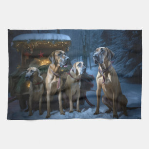 Rhodesian Ridgeback Snowy Sleigh Kerstdecoratie Theedoek